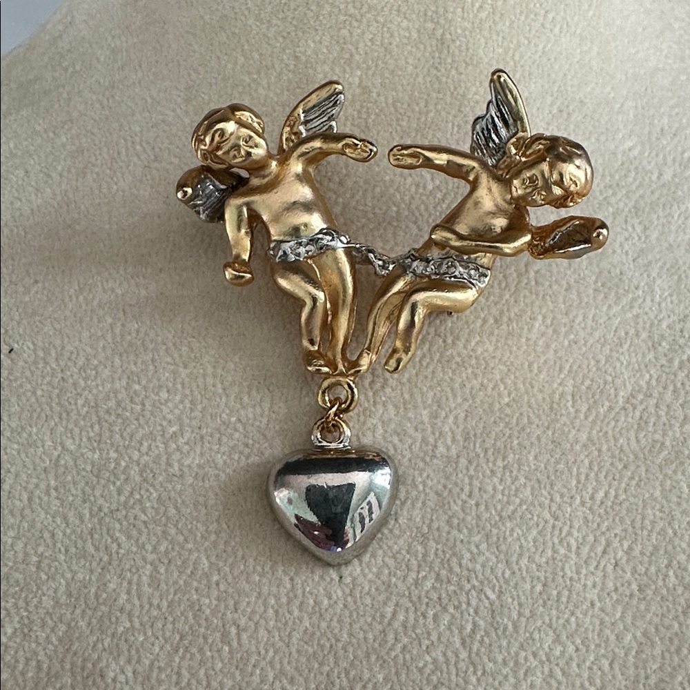 Vintage Chunky Cherubs Pin Gold Tone Silver Tone Dangle Heart - Picture 2 of 6
